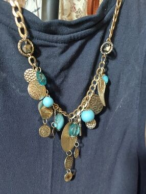 Vintage Gold Chain Necklace with Turquoise Beads - Women Jewelry